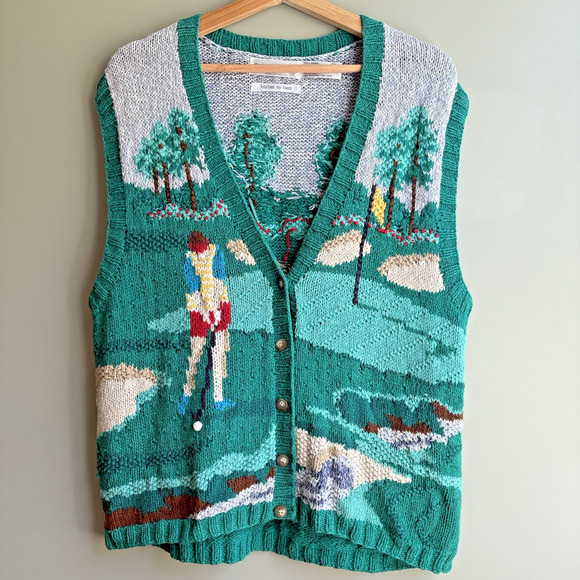 VTG Robert Scott Ltd Size L Hand Knitted Novelty Golf Scene V-Neck Sweater Vest - Picture 1 of 16